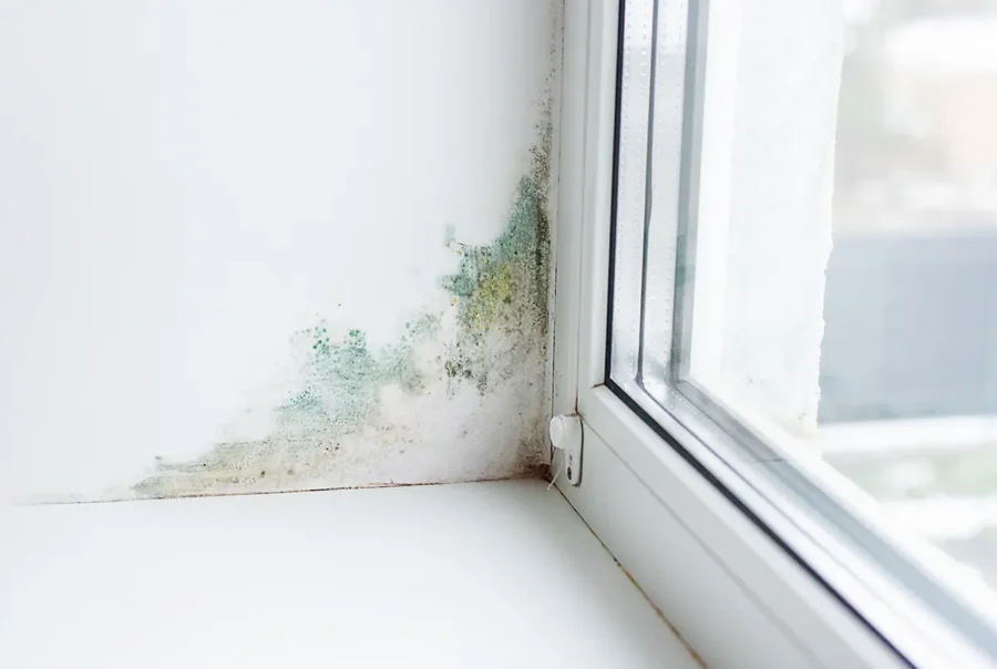 Mold growth on an interior wall near a window during mold remediation