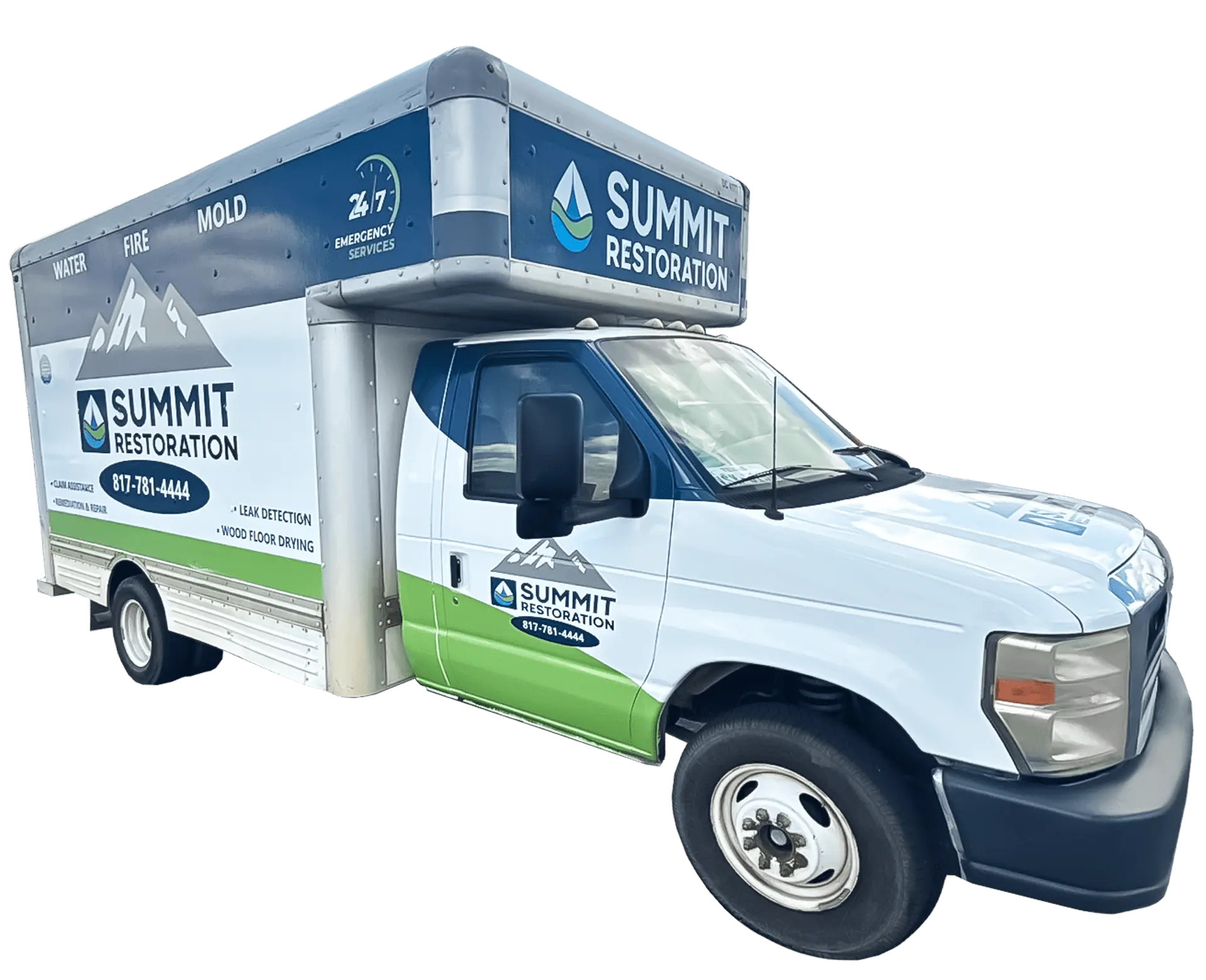 Summit Restoration service truck with water, fire, mold, and emergency services branding
